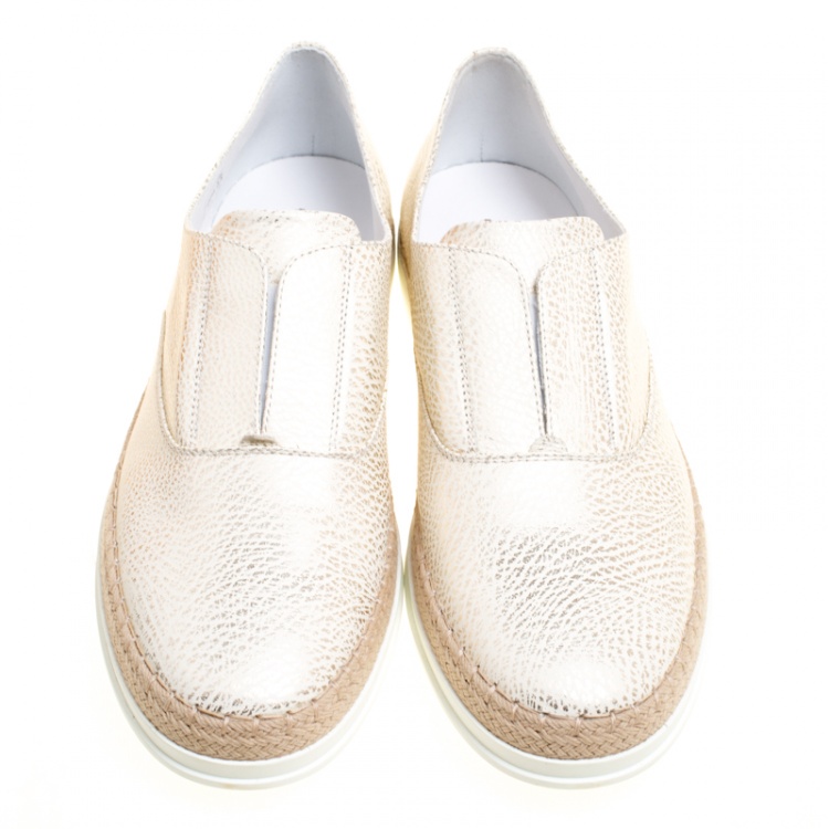 Pre Owned Tod's Cream Textured Leather Francesina Espadrille Slip On Sneakers Size 39.5