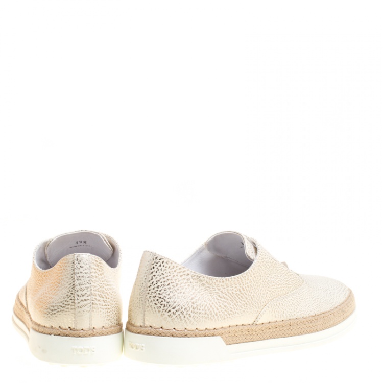 Pre Owned Tod's Cream Textured Leather Francesina Espadrille Slip On Sneakers Size 39.5