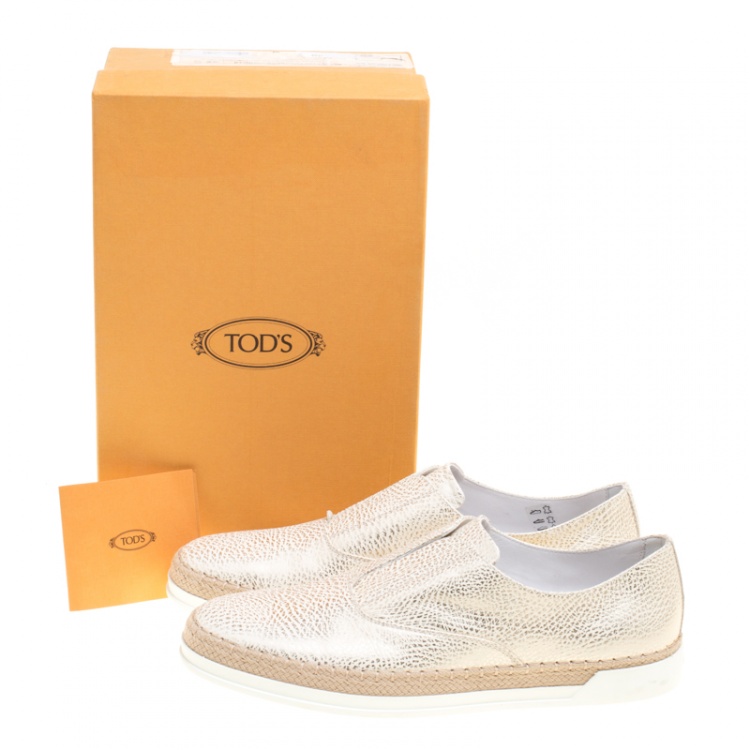 Pre Owned Tod's Cream Textured Leather Francesina Espadrille Slip On Sneakers Size 39.5