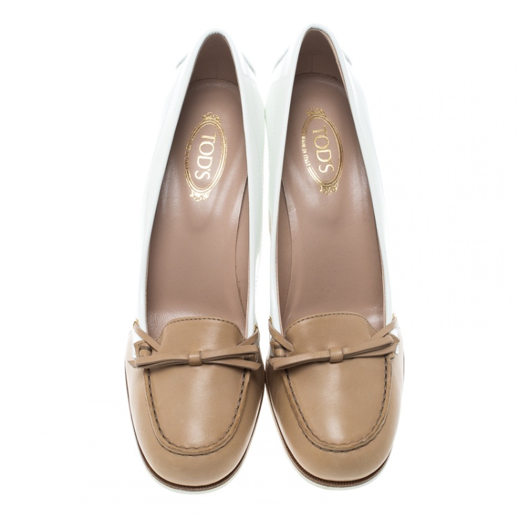مملوكة مسبقًا Tod's Two Tone Leather Bow Loafer Pumps Size 39.5