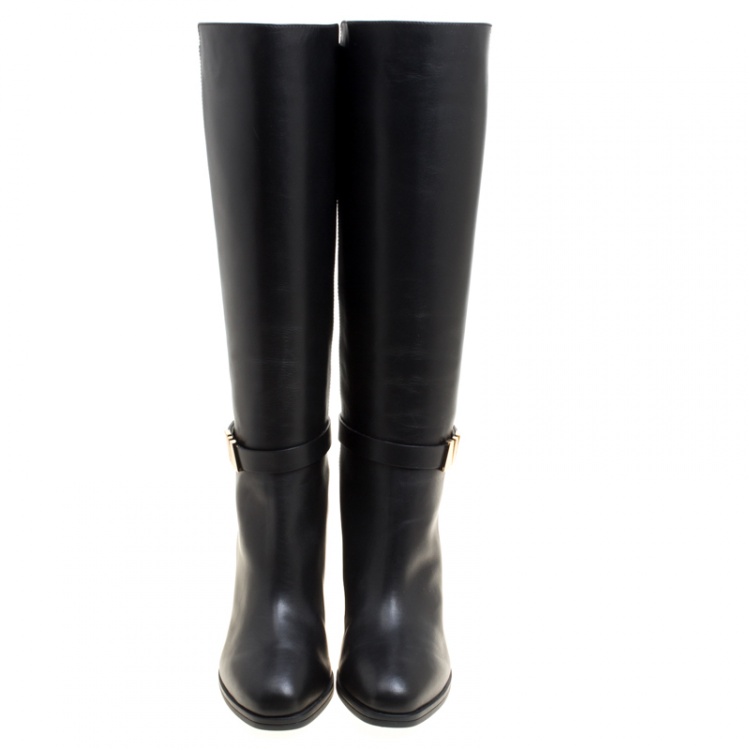 Pre Owned Tod's Black Leather Block Heel Buckle Tall Boots Size 36.5