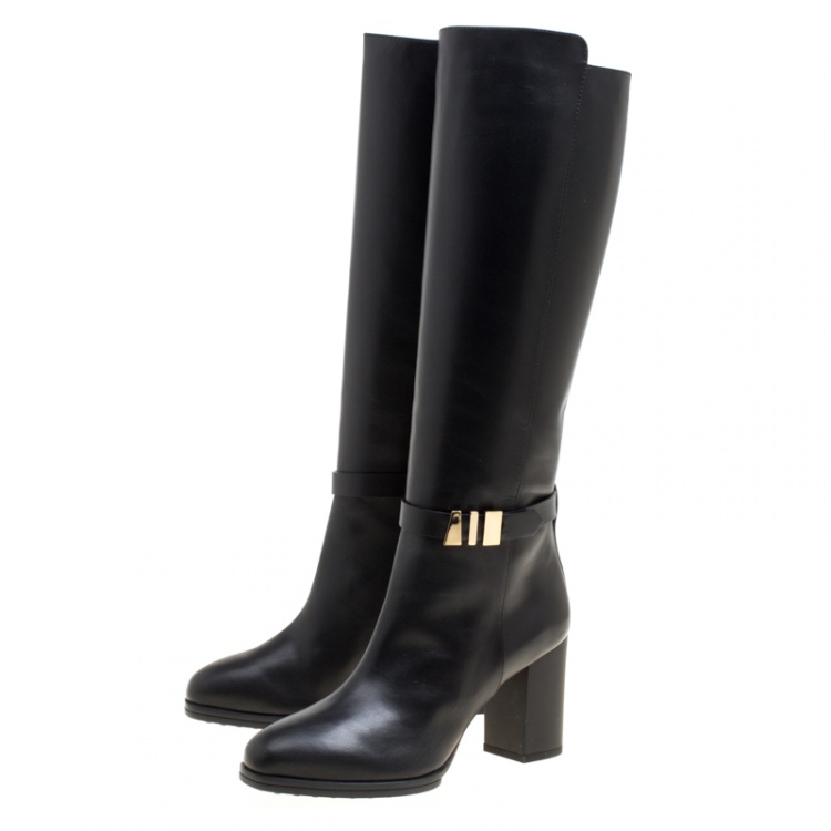 Pre Owned Tod's Black Leather Block Heel Buckle Tall Boots Size 36.5