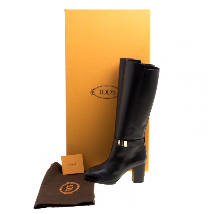 Pre Owned Tod's Black Leather Block Heel Buckle Tall Boots Size 36.5