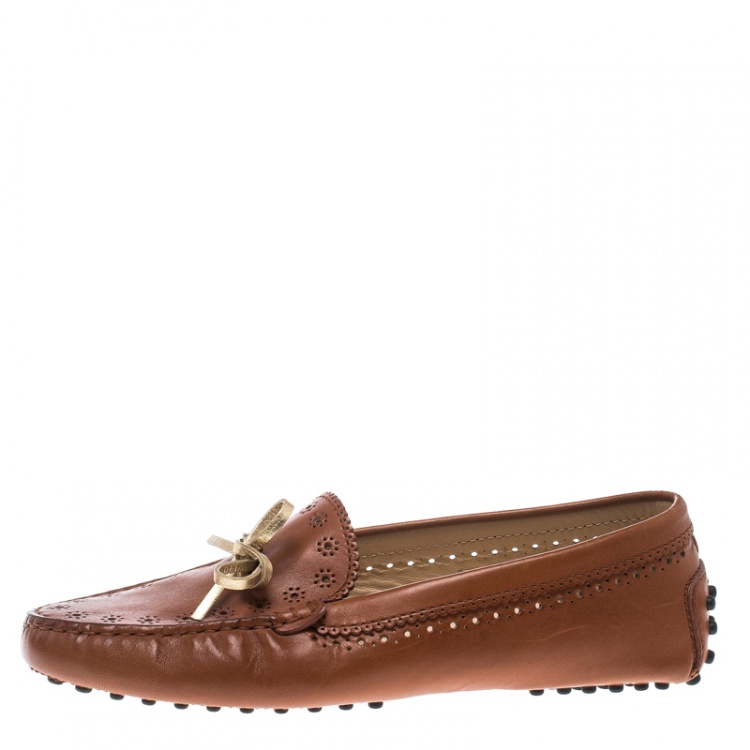 Pre Owned Tod's Brown Perforated Leather Bow Loafers Size 36.5