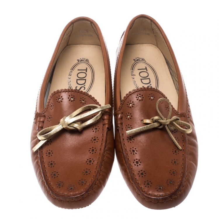 Pre Owned Tod's Brown Perforated Leather Bow Loafers Size 36.5