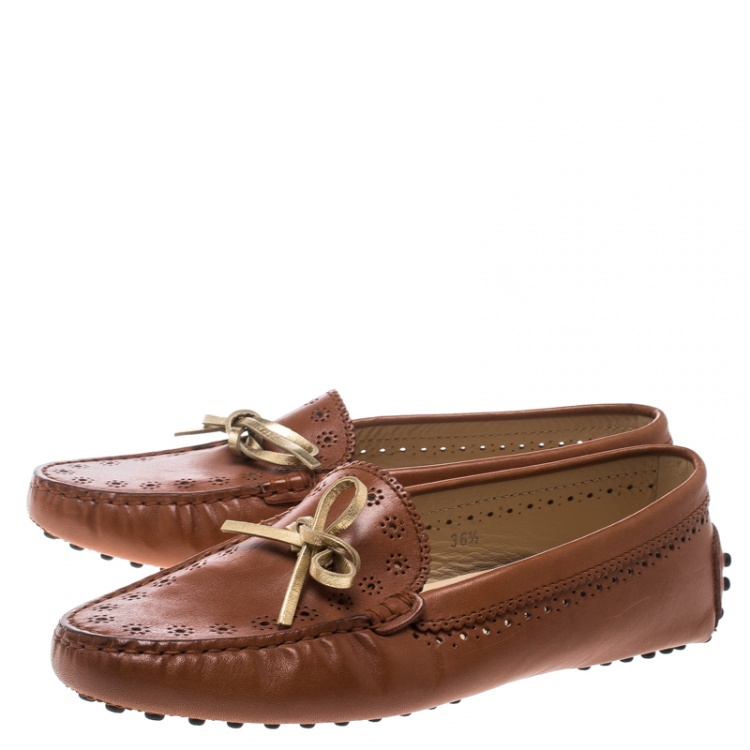 Pre Owned Tod's Brown Perforated Leather Bow Loafers Size 36.5