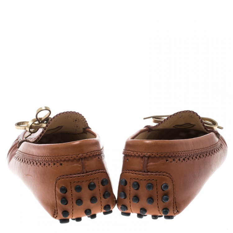 Pre Owned Tod's Brown Perforated Leather Bow Loafers Size 36.5