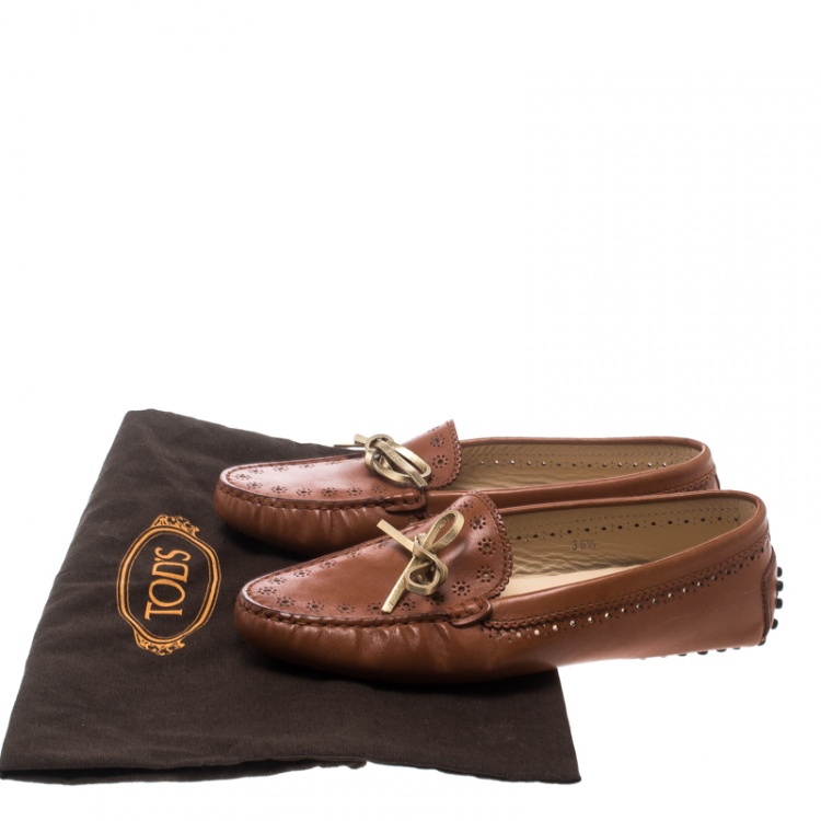 Pre Owned Tod's Brown Perforated Leather Bow Loafers Size 36.5