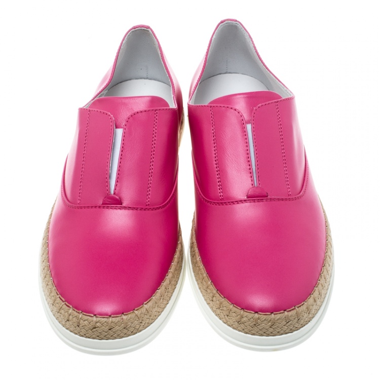 Pre Owned Tod's Fuchsia Pink Leather Francesina Espadrille Slip On Sneakers Size 37.5