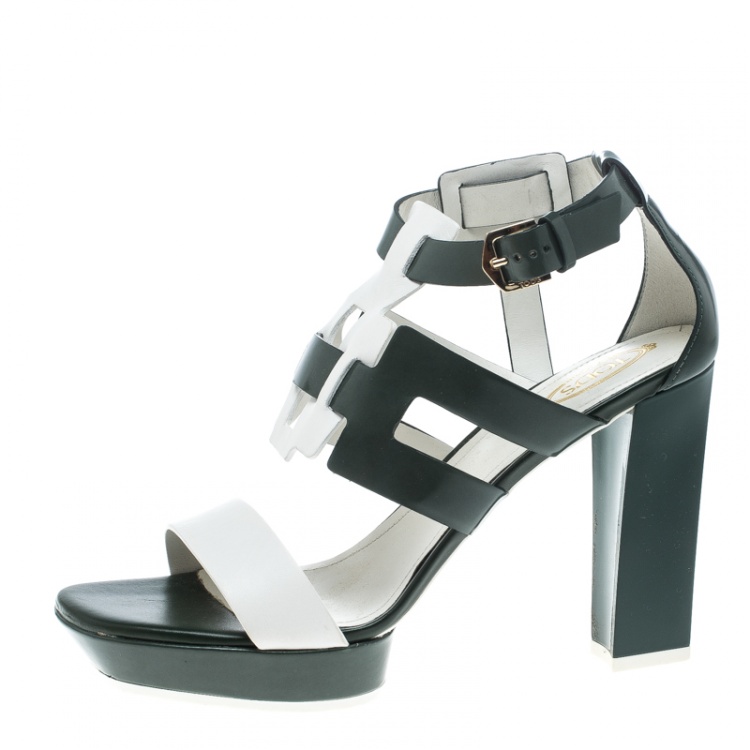 Pre Owned Tod's Green and White Leather Cutout Platform Sandals Size 39.5