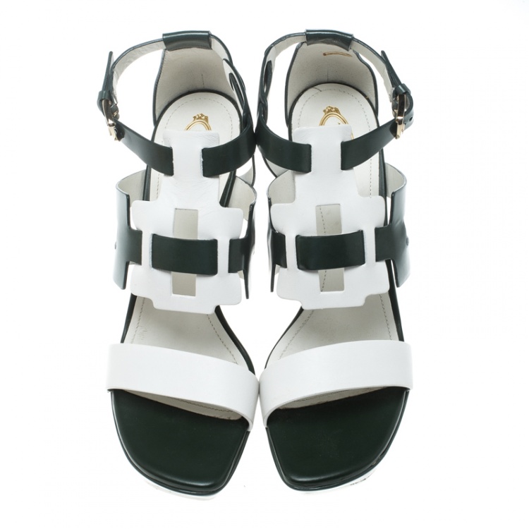 Pre Owned Tod's Green and White Leather Cutout Platform Sandals Size 39.5
