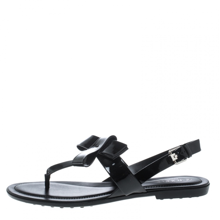 Pre Owned Tod's Black Patent Leather Bow Detail Flat Thong Sandals Size 41