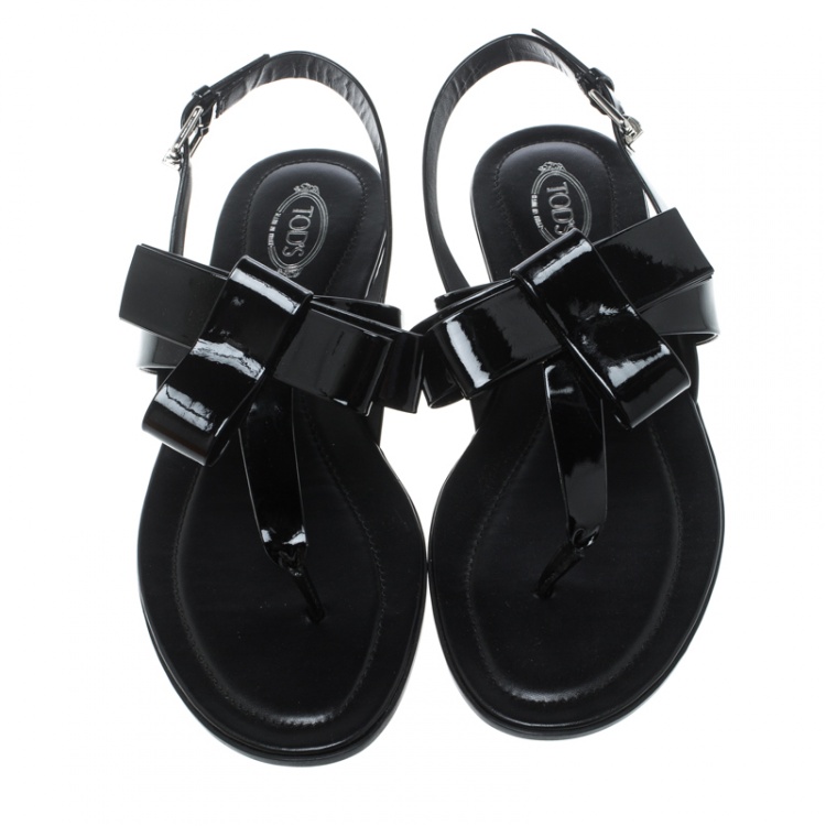 Pre Owned Tod's Black Patent Leather Bow Detail Flat Thong Sandals Size 41