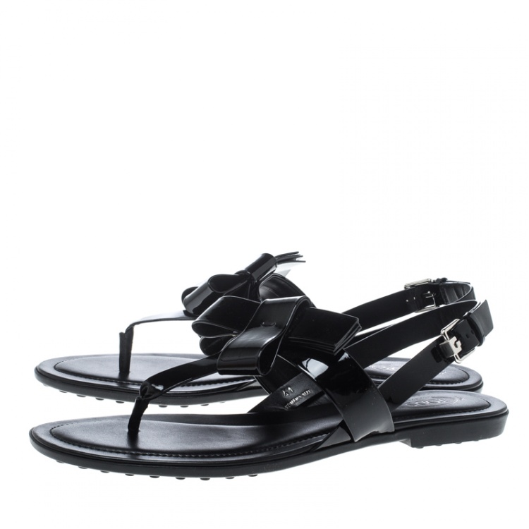 Pre Owned Tod's Black Patent Leather Bow Detail Flat Thong Sandals Size 41