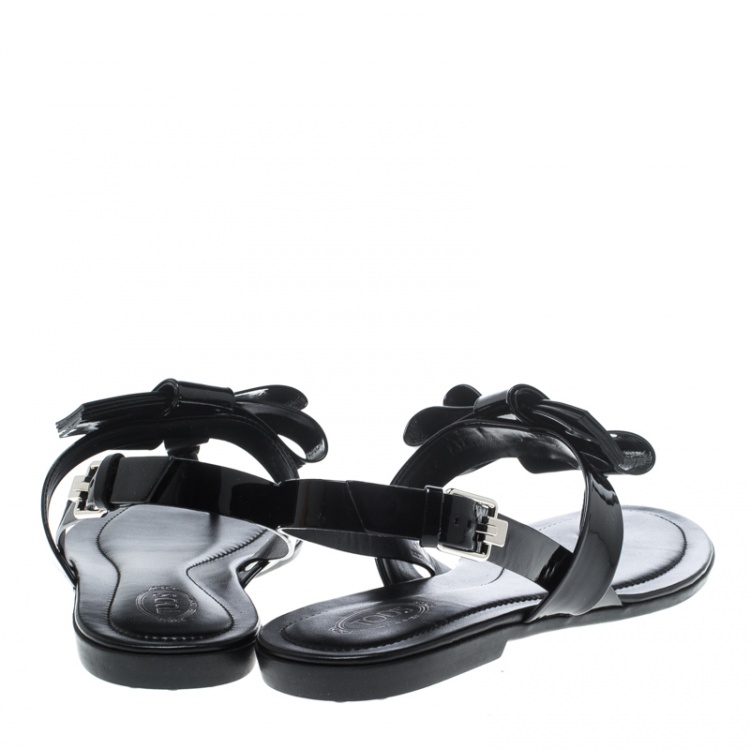 Pre Owned Tod's Black Patent Leather Bow Detail Flat Thong Sandals Size 41