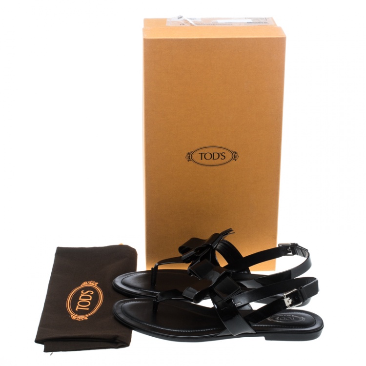 Pre Owned Tod's Black Patent Leather Bow Detail Flat Thong Sandals Size 41
