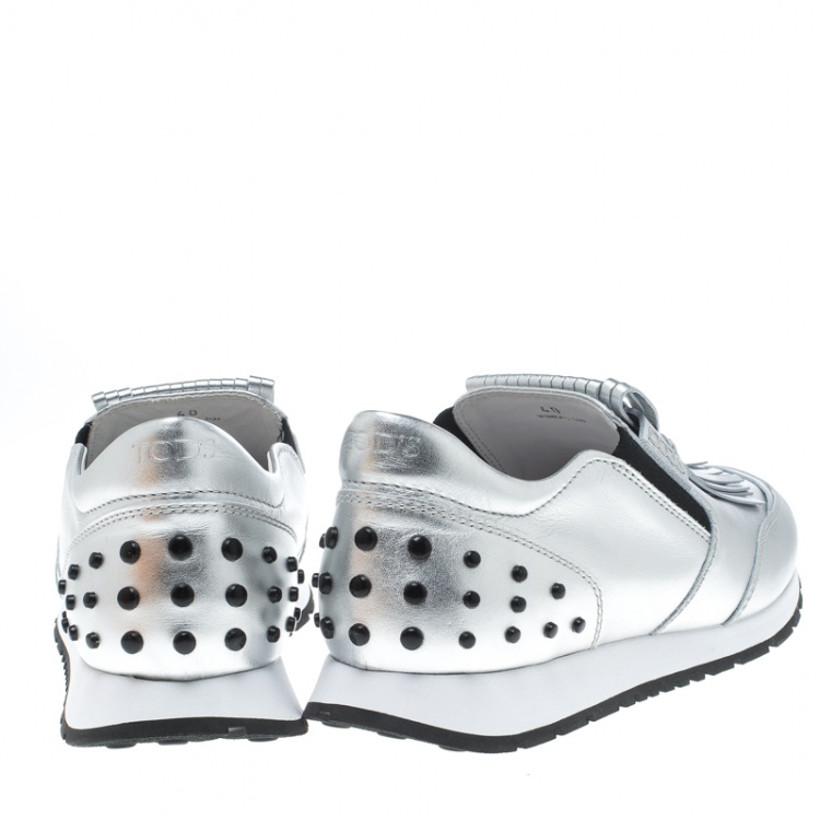 Pre Owned Tod's Metallic Silver Fringe Detail Slip On Sneakers Size 40