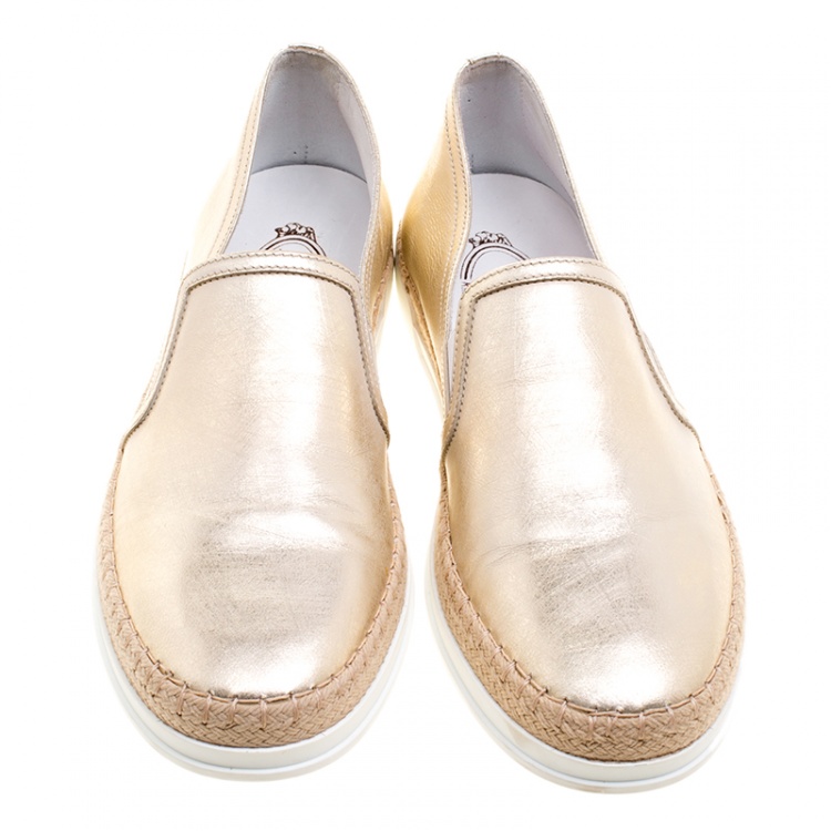 Pre Owned Tod's Metallic Gold Leather Pantofola Espadrille Slip On Sneakers Size 39