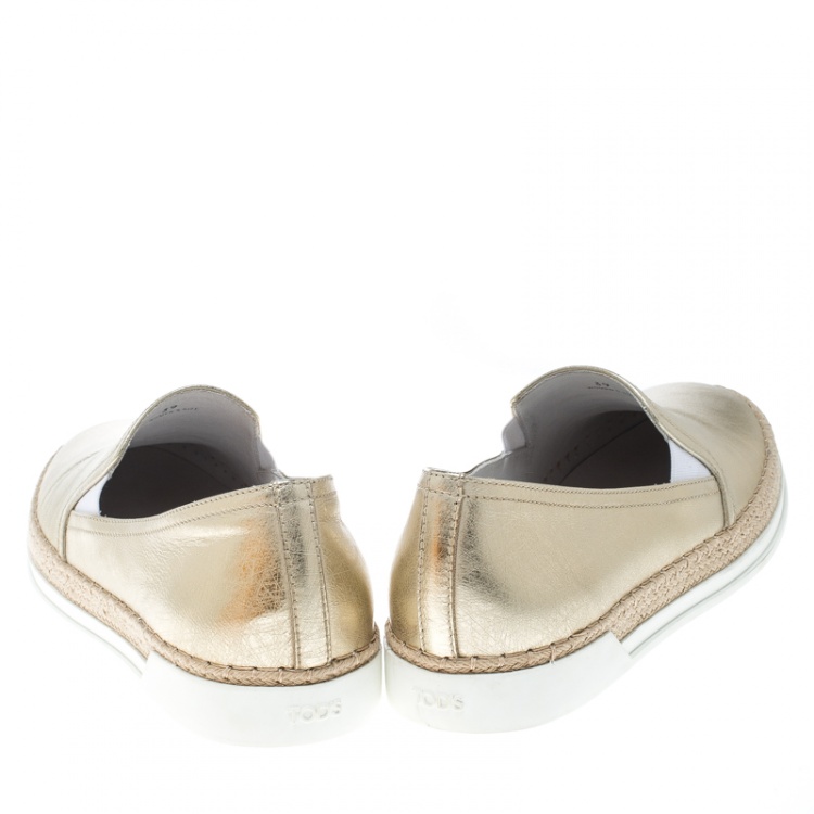 Pre Owned Tod's Metallic Gold Leather Pantofola Espadrille Slip On Sneakers Size 39