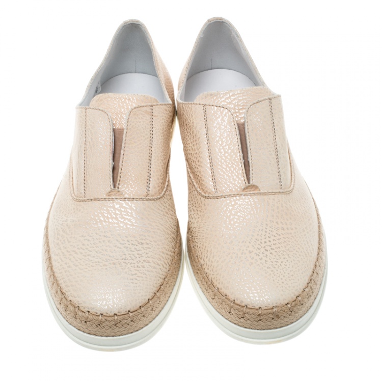 Pre Owned Tod's Beige Textured Leather Francesina Espadrille Slip On Sneakers Size 39.5