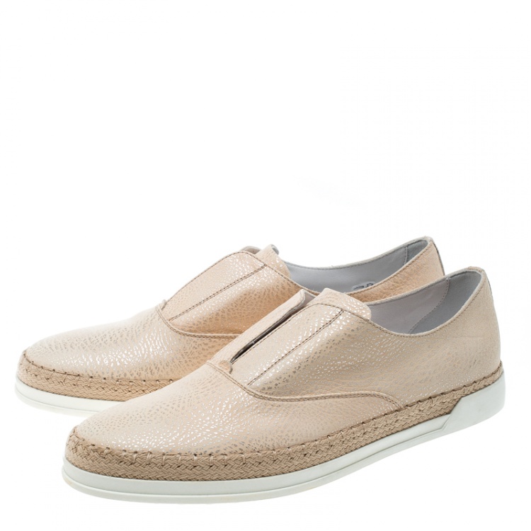 Pre Owned Tod's Beige Textured Leather Francesina Espadrille Slip On Sneakers Size 39.5