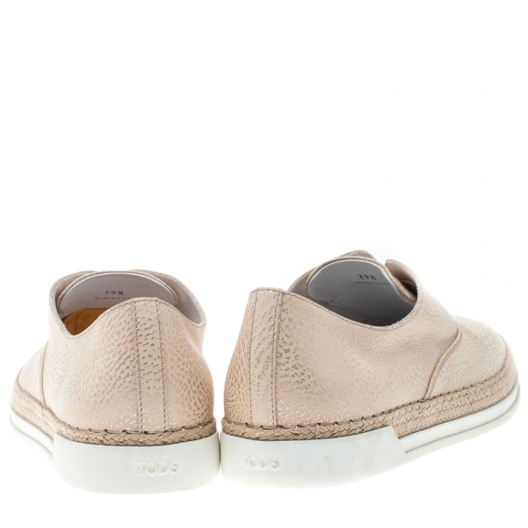 Pre Owned Tod's Beige Textured Leather Francesina Espadrille Slip On Sneakers Size 39.5