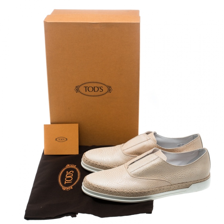 Pre Owned Tod's Beige Textured Leather Francesina Espadrille Slip On Sneakers Size 39.5