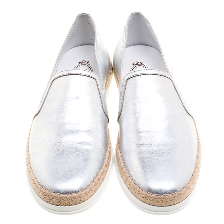 Pre Owned Tod's Metallic Silver Leather Pantofola Espadrille Slip On Sneakers Size 39.5