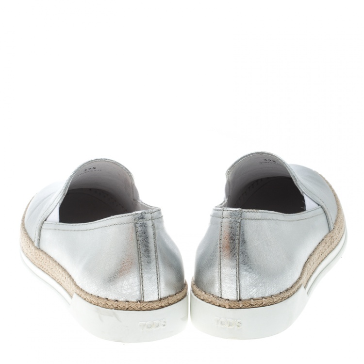 Pre Owned Tod's Metallic Silver Leather Pantofola Espadrille Slip On Sneakers Size 39.5