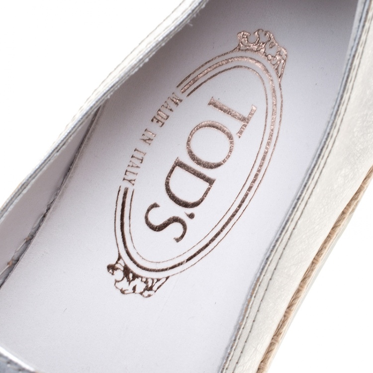 Pre Owned Tod's Metallic Silver Leather Pantofola Espadrille Slip On Sneakers Size 39.5