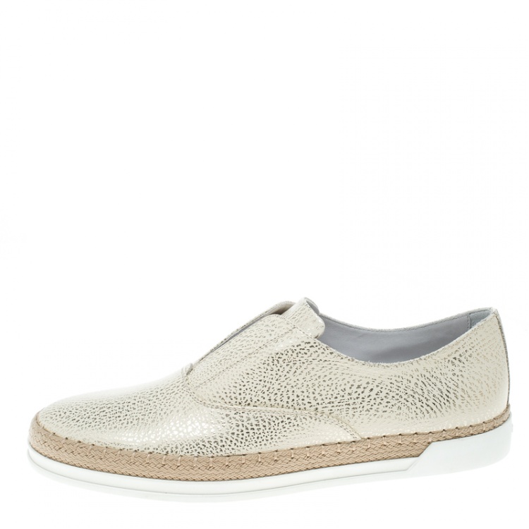 Pre Owned Tod's Cream Textured Leather Francesina Espadrille Slip On Sneakers Size 39.5