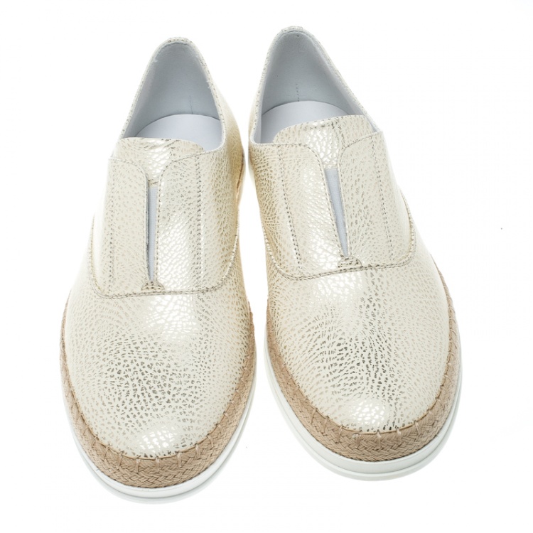 Pre Owned Tod's Cream Textured Leather Francesina Espadrille Slip On Sneakers Size 39.5