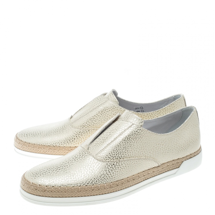 Pre Owned Tod's Cream Textured Leather Francesina Espadrille Slip On Sneakers Size 39.5