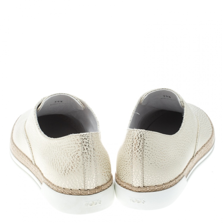 Pre Owned Tod's Cream Textured Leather Francesina Espadrille Slip On Sneakers Size 39.5
