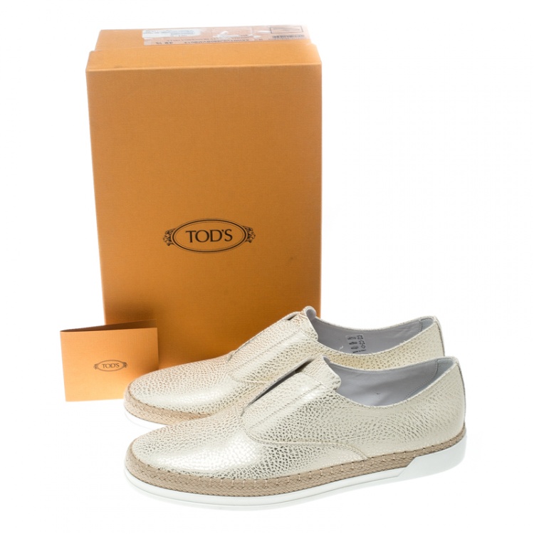 Pre Owned Tod's Cream Textured Leather Francesina Espadrille Slip On Sneakers Size 39.5