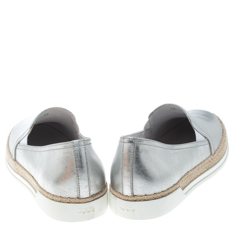 Pre Owned Tod's Metallic Silver Leather Pantofola Espadrille Slip On Sneakers Size 38