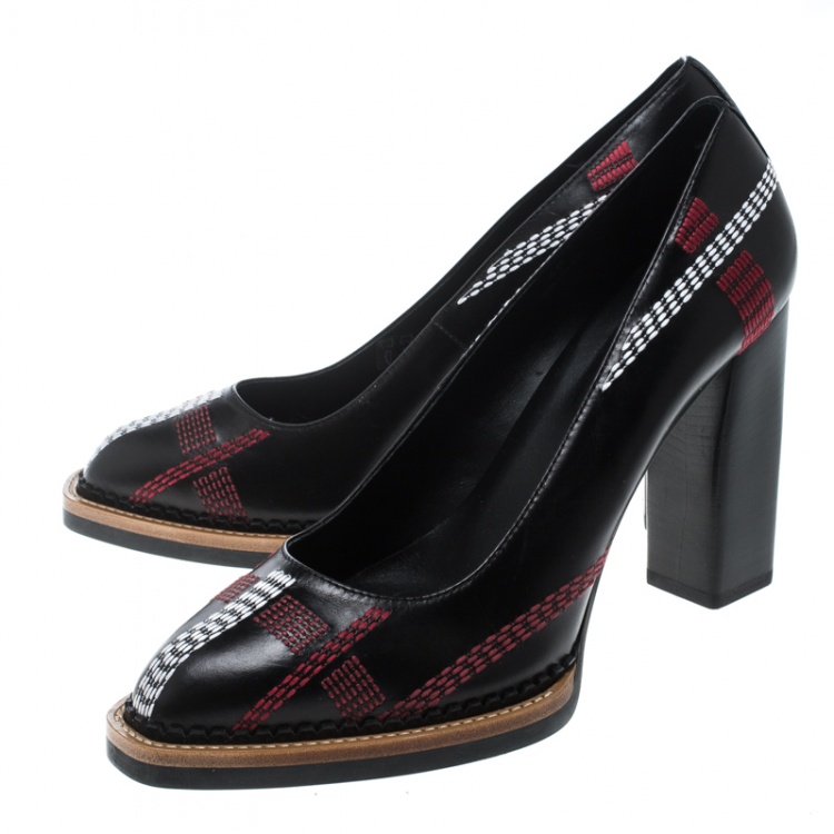 Pre Owned Tod's Black Leather Stitch Detail Block Heel Pumps Size 40