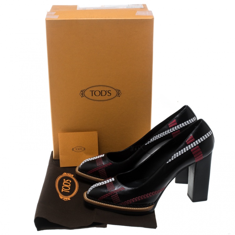 Pre Owned Tod's Black Leather Stitch Detail Block Heel Pumps Size 40