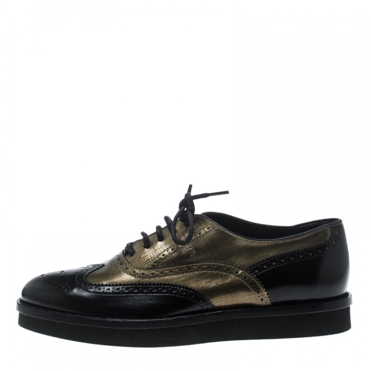 Pre Owned Tod's Metallic Gold And Black Brogue Leather Lace-Up Oxfords Size 39.5