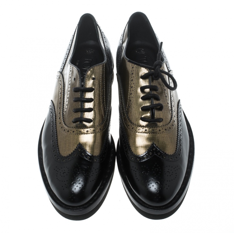 Pre Owned Tod's Metallic Gold And Black Brogue Leather Lace-Up Oxfords Size 39.5