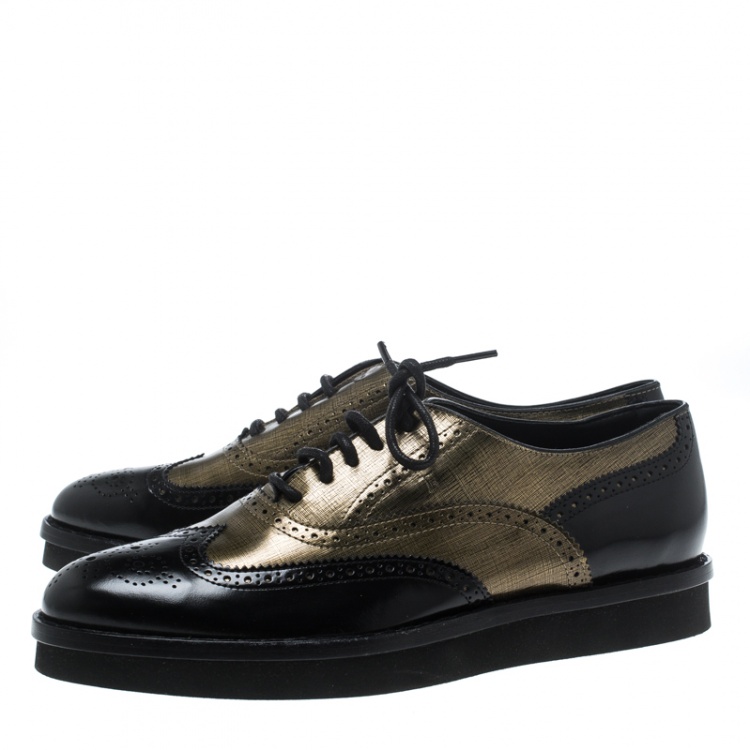 Pre Owned Tod's Metallic Gold And Black Brogue Leather Lace-Up Oxfords Size 39.5