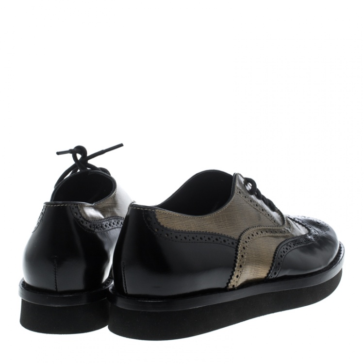 Pre Owned Tod's Metallic Gold And Black Brogue Leather Lace-Up Oxfords Size 39.5