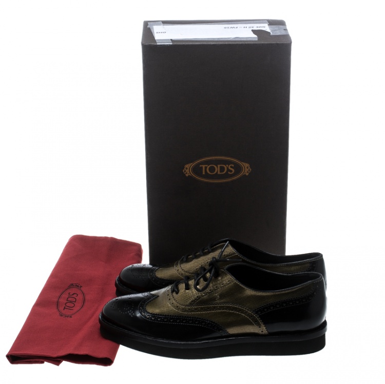 Pre Owned Tod's Metallic Gold And Black Brogue Leather Lace-Up Oxfords Size 39.5