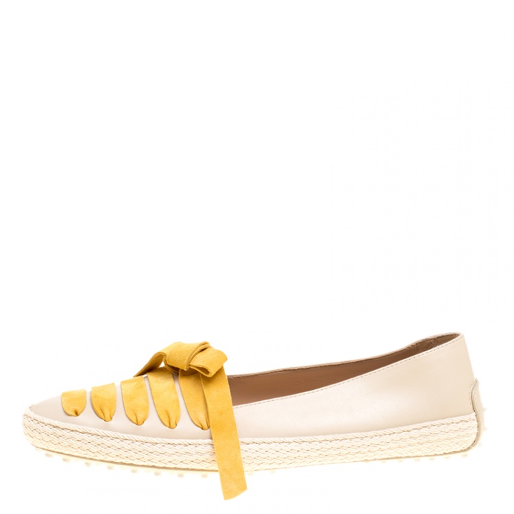 Pre Owned Tod's Beige Leather And Suede Ribbon Espadrille Loafers Size 41