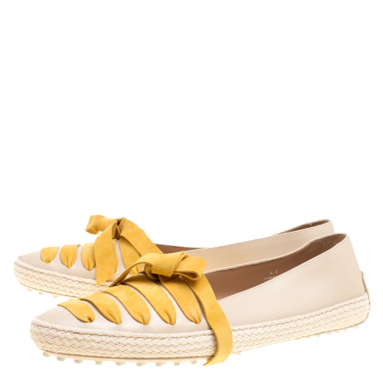 Pre Owned Tod's Beige Leather And Suede Ribbon Espadrille Loafers Size 41