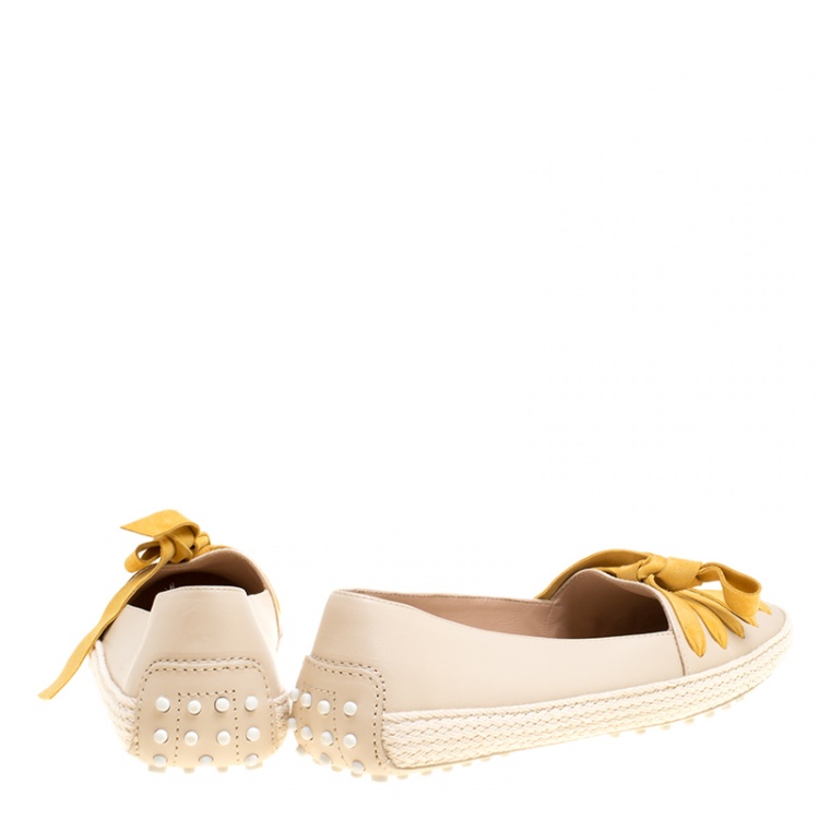 Pre Owned Tod's Beige Leather And Suede Ribbon Espadrille Loafers Size 41