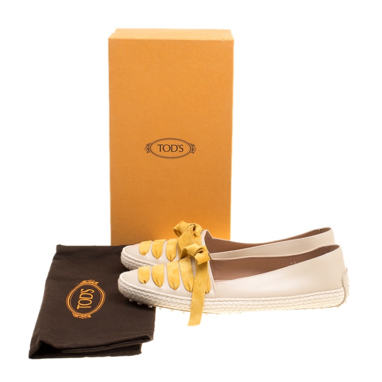 Pre Owned Tod's Beige Leather And Suede Ribbon Espadrille Loafers Size 41