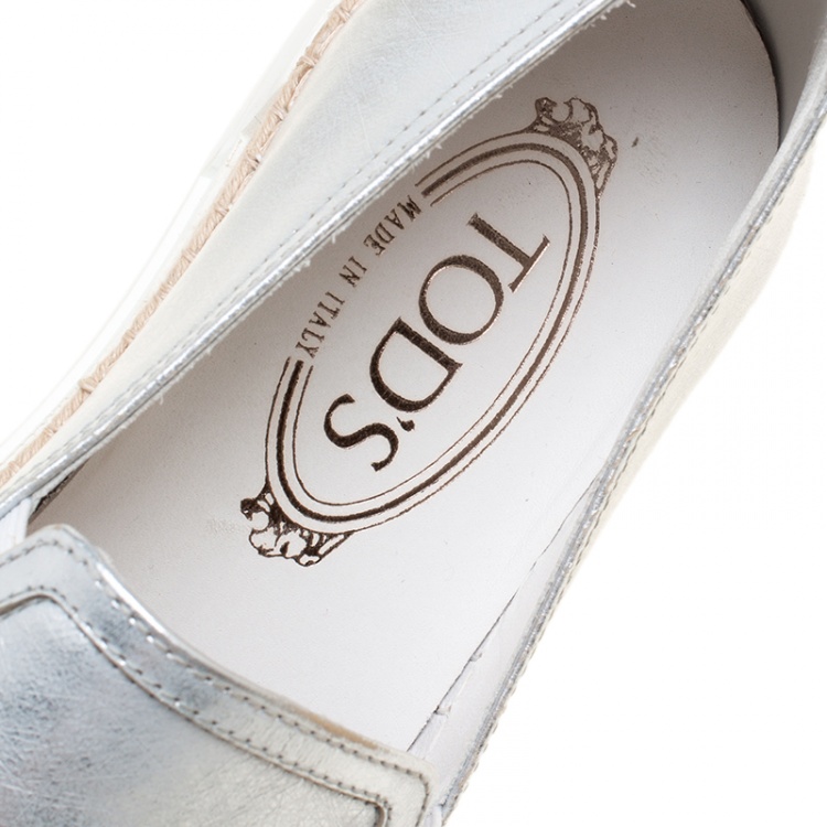 مملوكة مسبق�ًا Tod's Metallic Silver Leather Pantofola Espadrille Slip On Sneakers Size 37.5