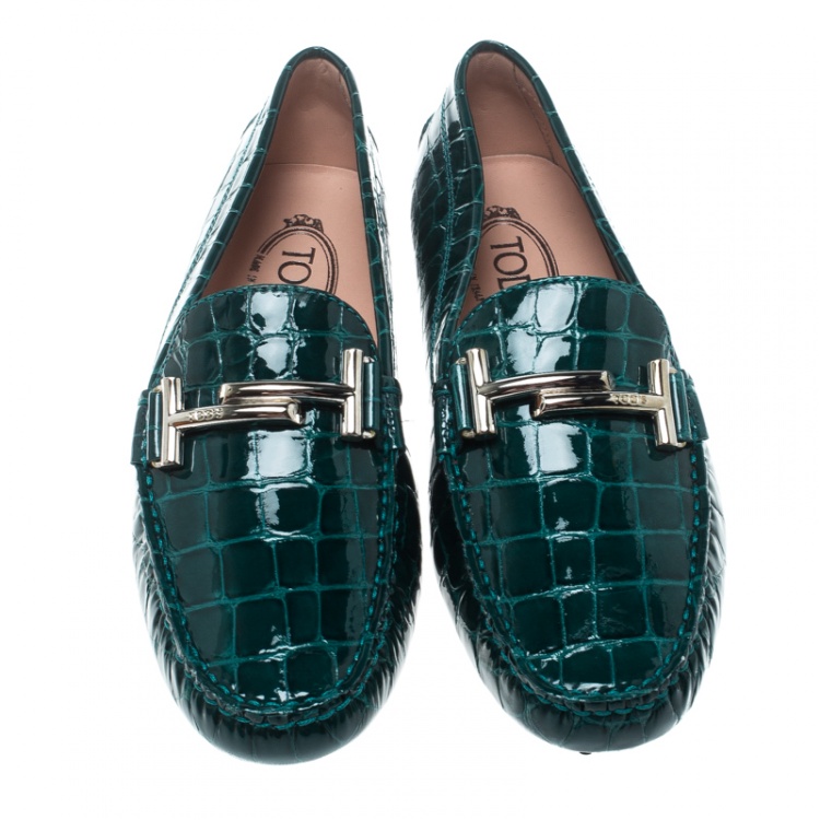 Pre Owned Tod's Emerald Green Croc Embossed Patent Leather Gommino Double T Buckle Driver Loafers Size 39.5
