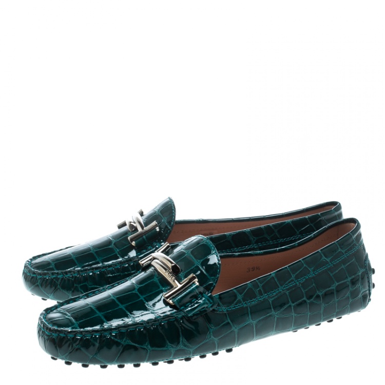 Pre Owned Tod's Emerald Green Croc Embossed Patent Leather Gommino Double T Buckle Driver Loafers Size 39.5